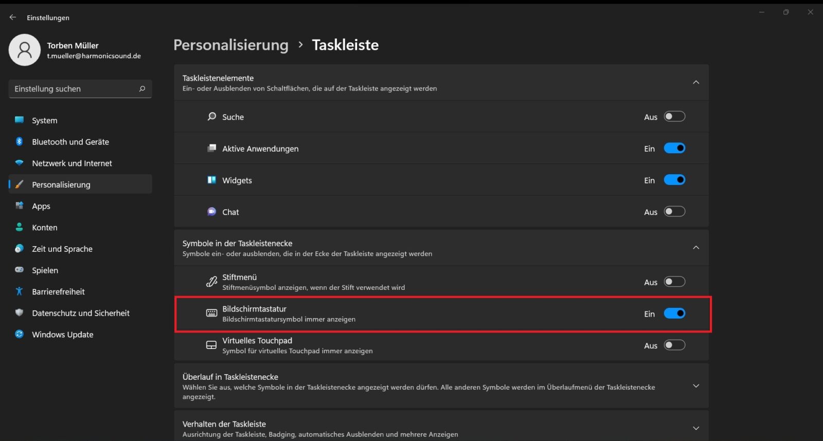 Bildschirmtastatur aktivieren